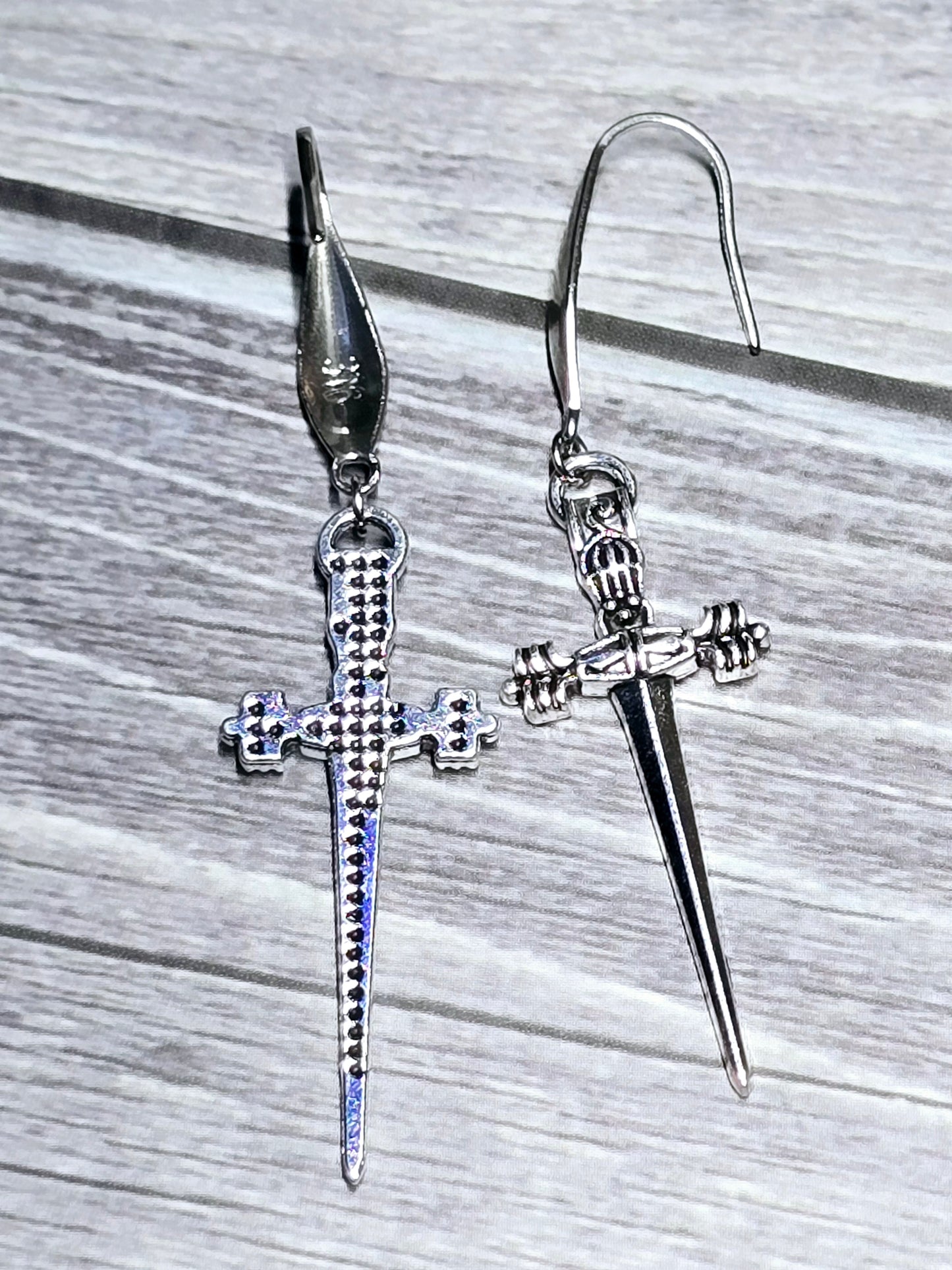 Silver Dangle Dagger Earrings.