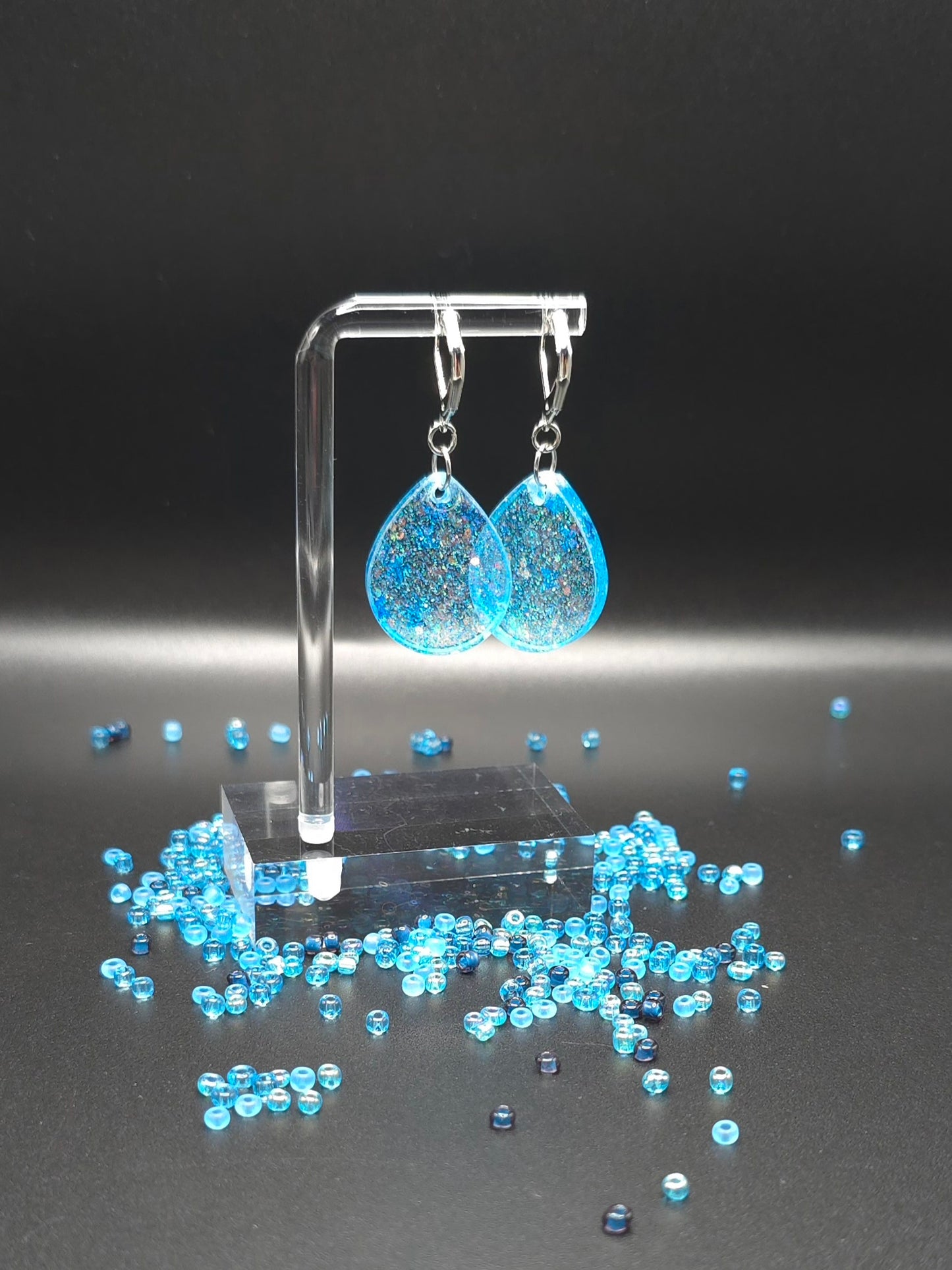 Blue Glitter TearDrop Resin Earrings