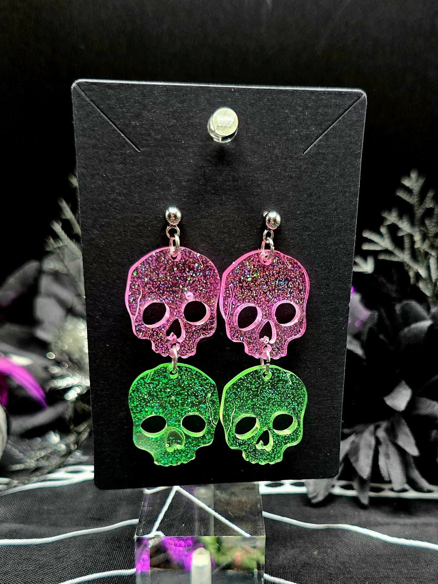 Pink & Green Skull Post Earrings