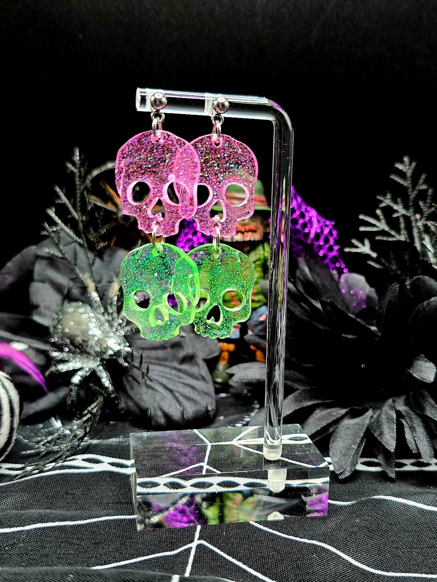 Pink & Green Skull Post Earrings