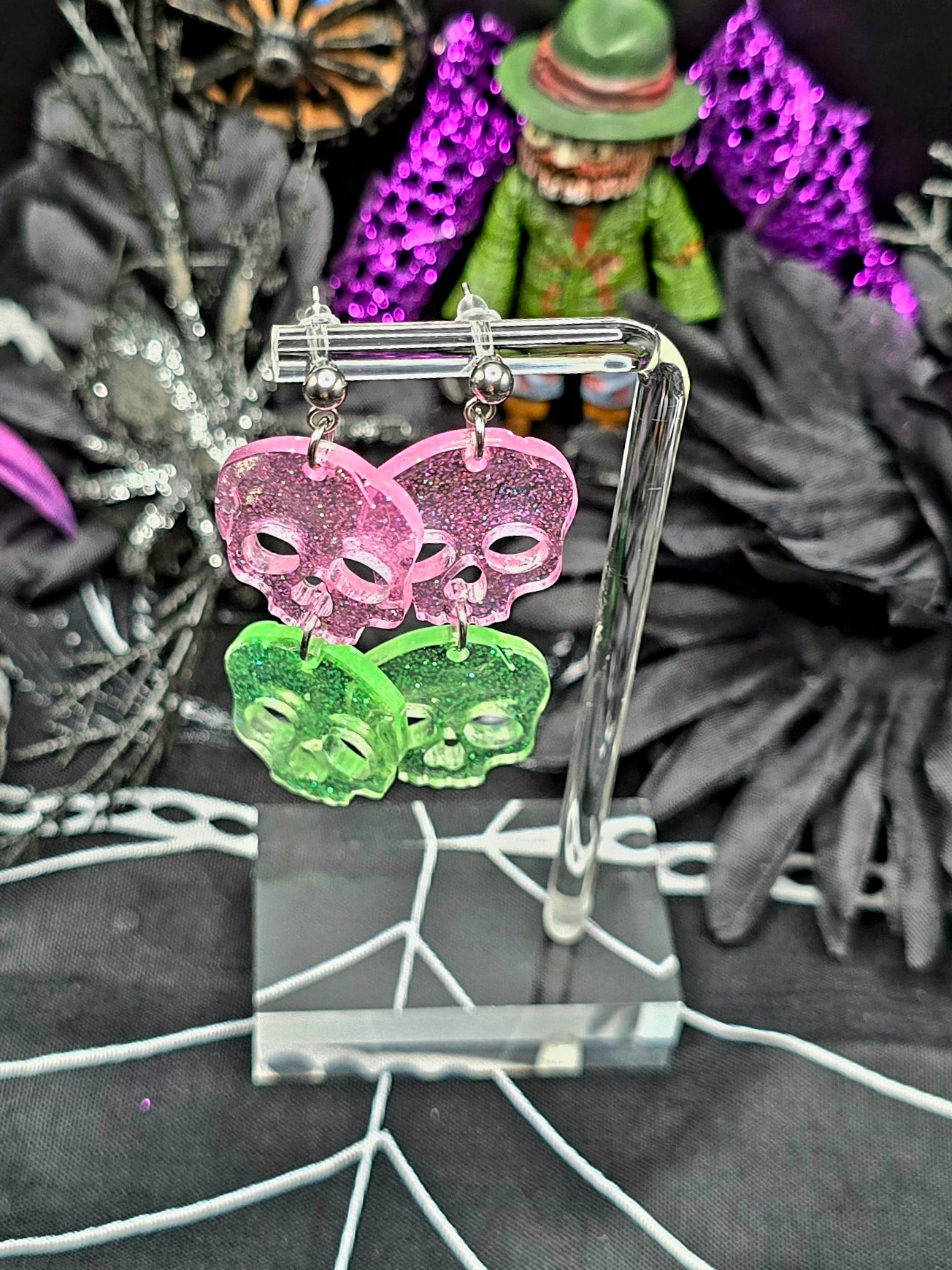 Pink & Green Skull Post Earrings