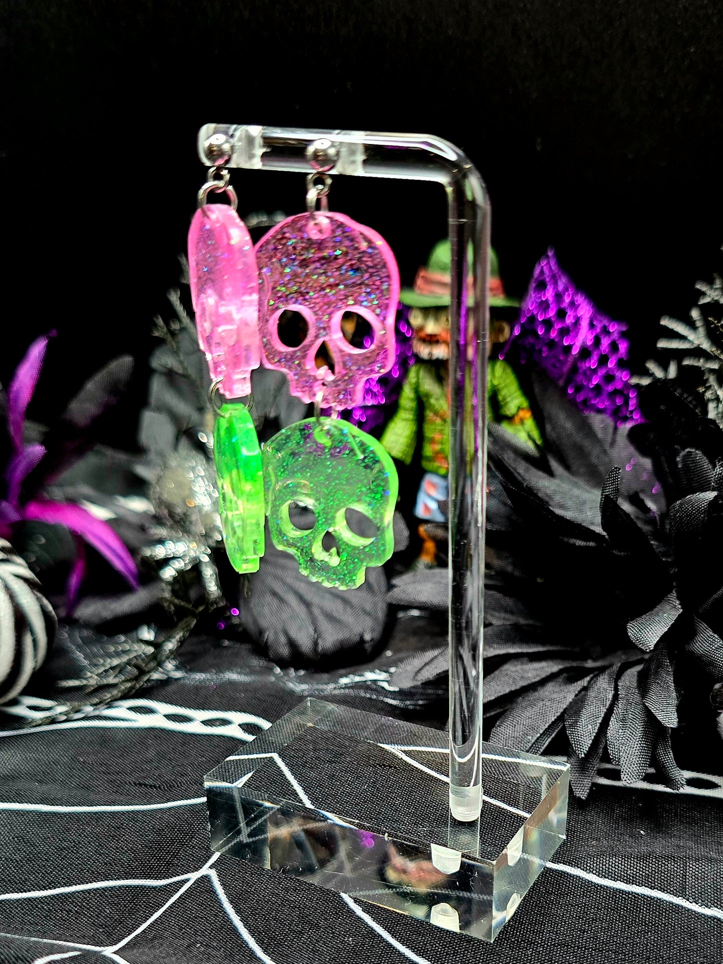 Pink & Green Skull Post Earrings