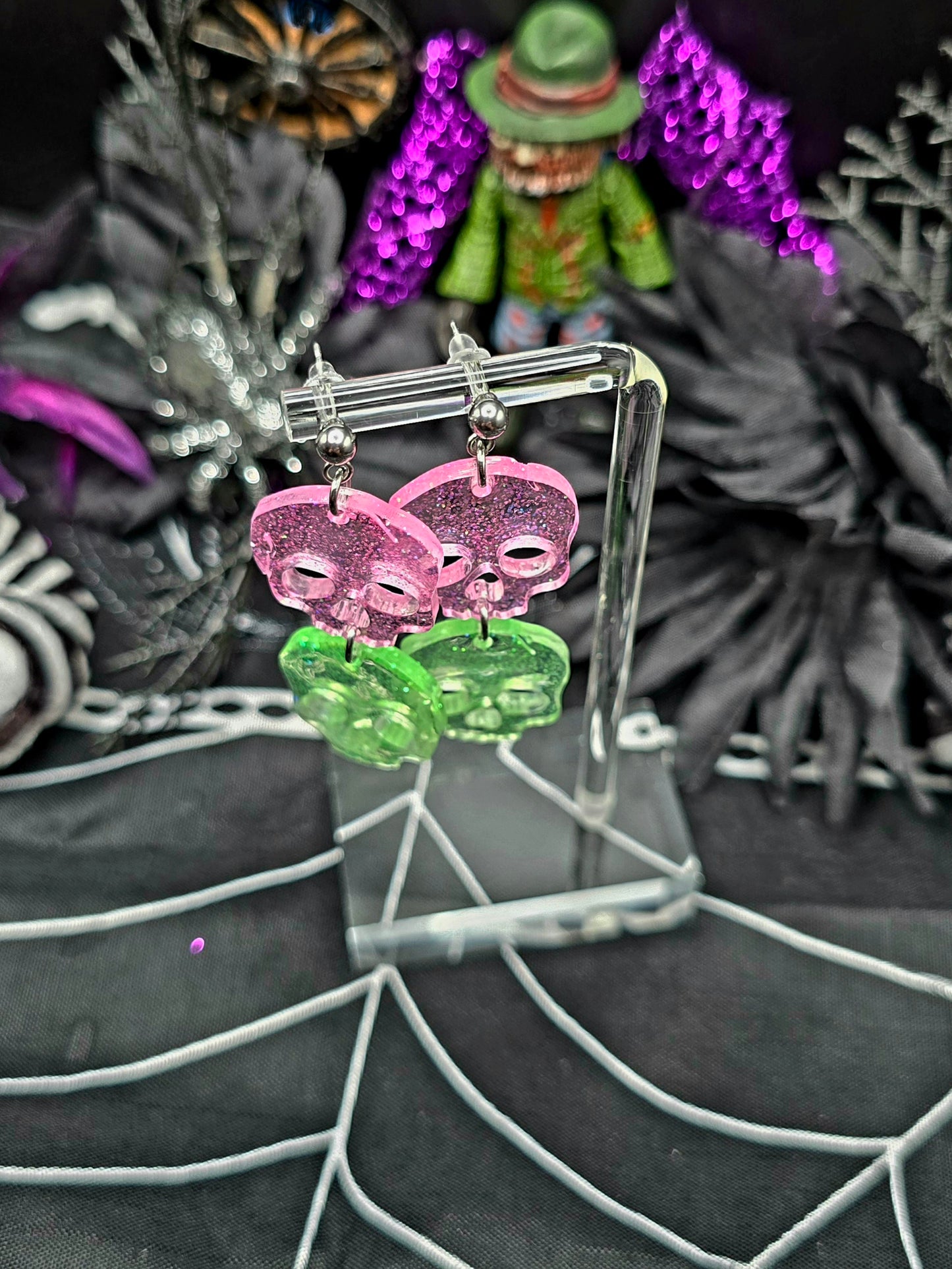 Pink & Green Skull Post Earrings