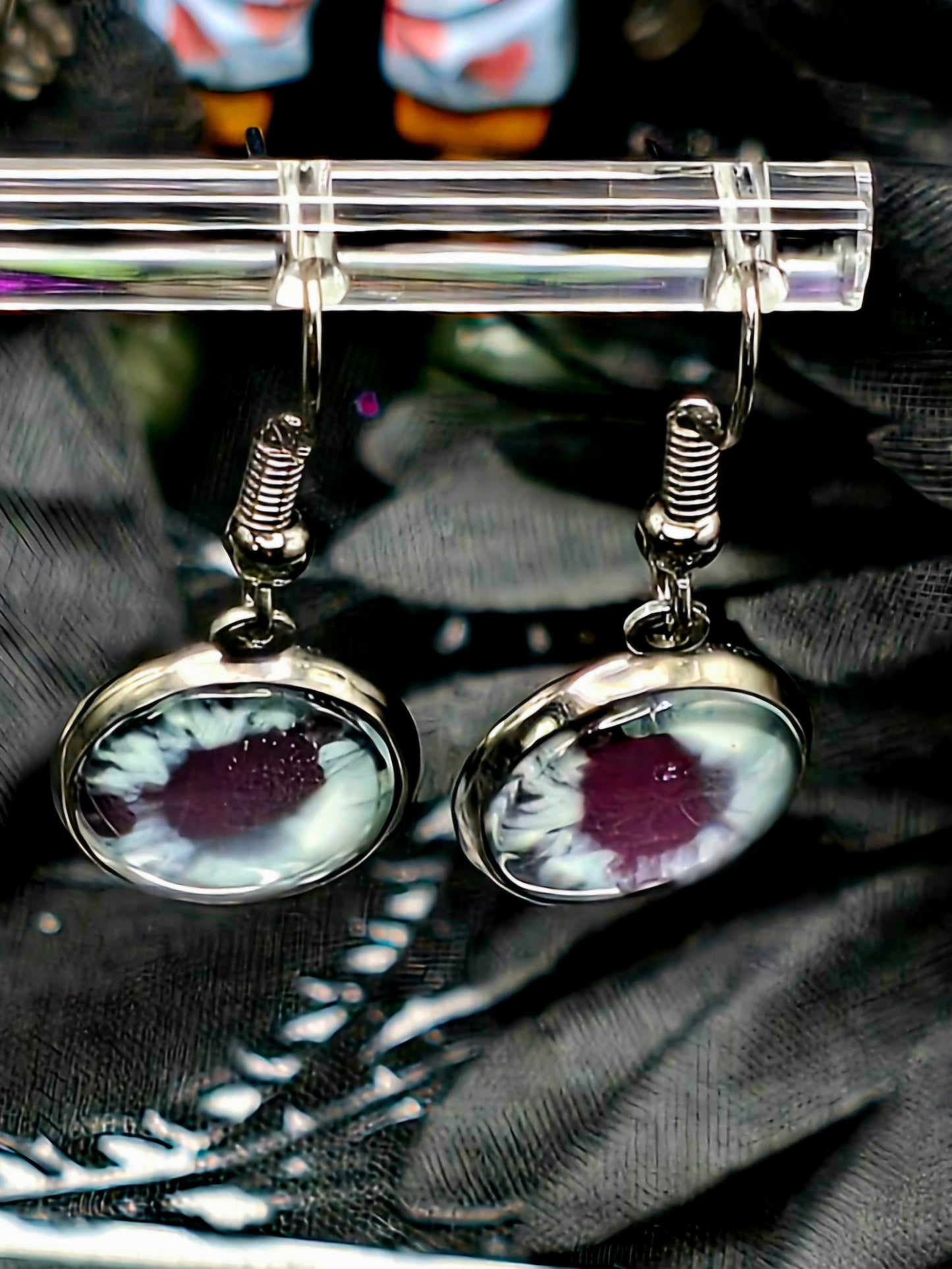 Grey Eyes Bezel Dangle Earrings