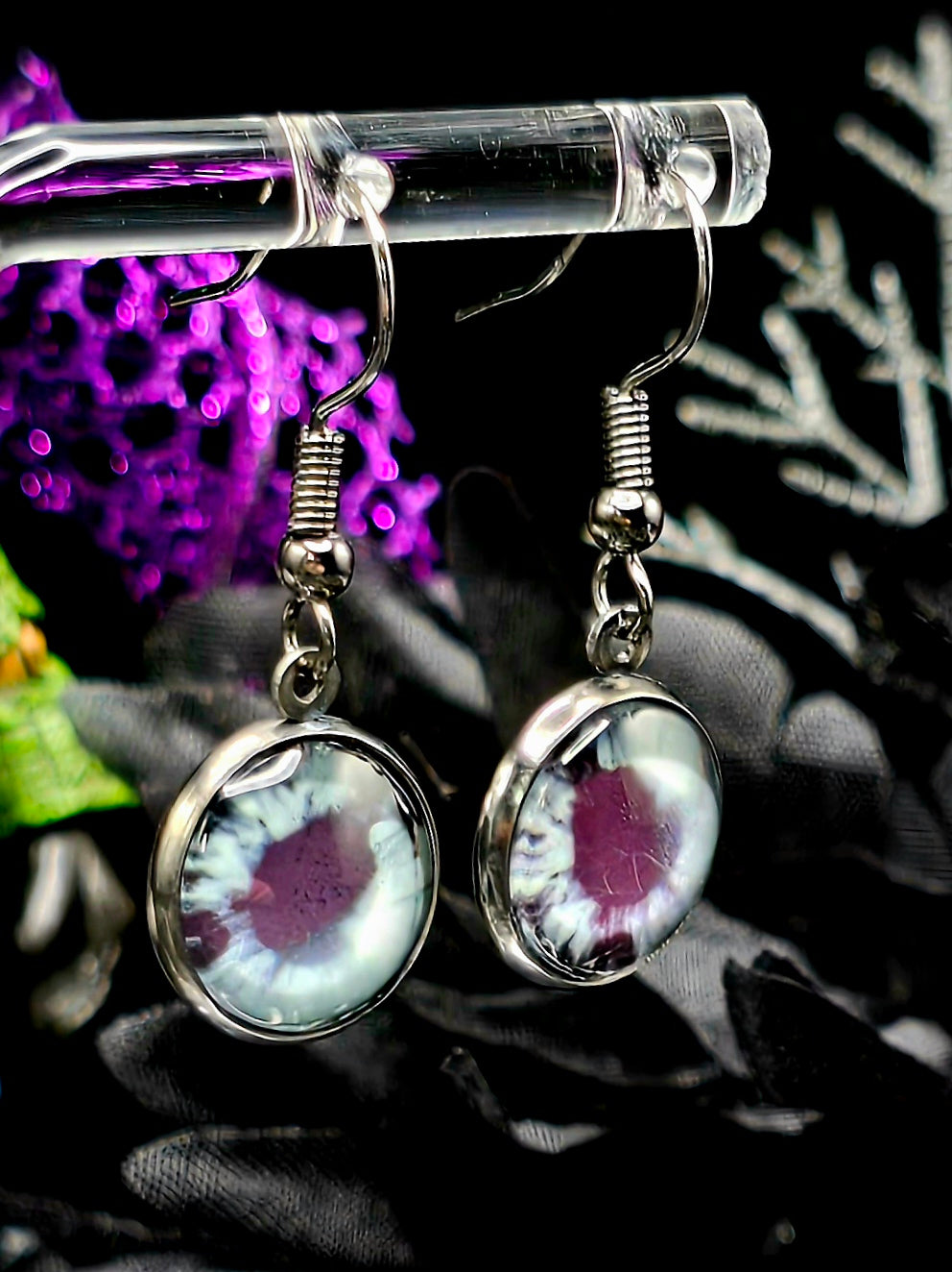 Grey Eyes Bezel Dangle Earrings