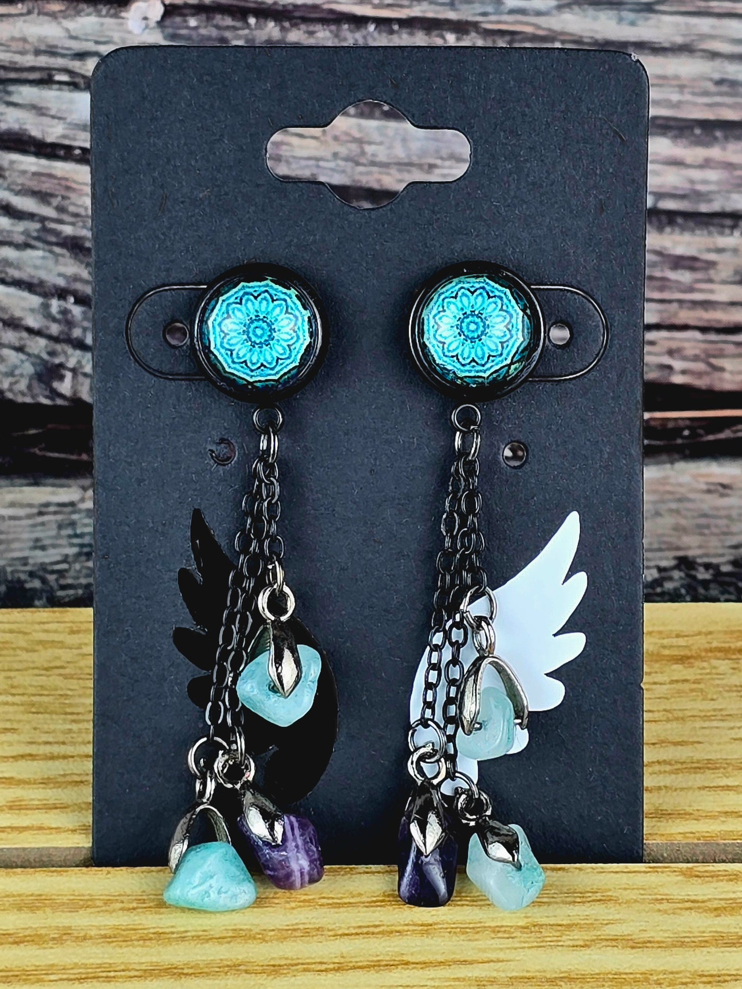 Teal Bezel Dome Post Stud Earrings with Chains