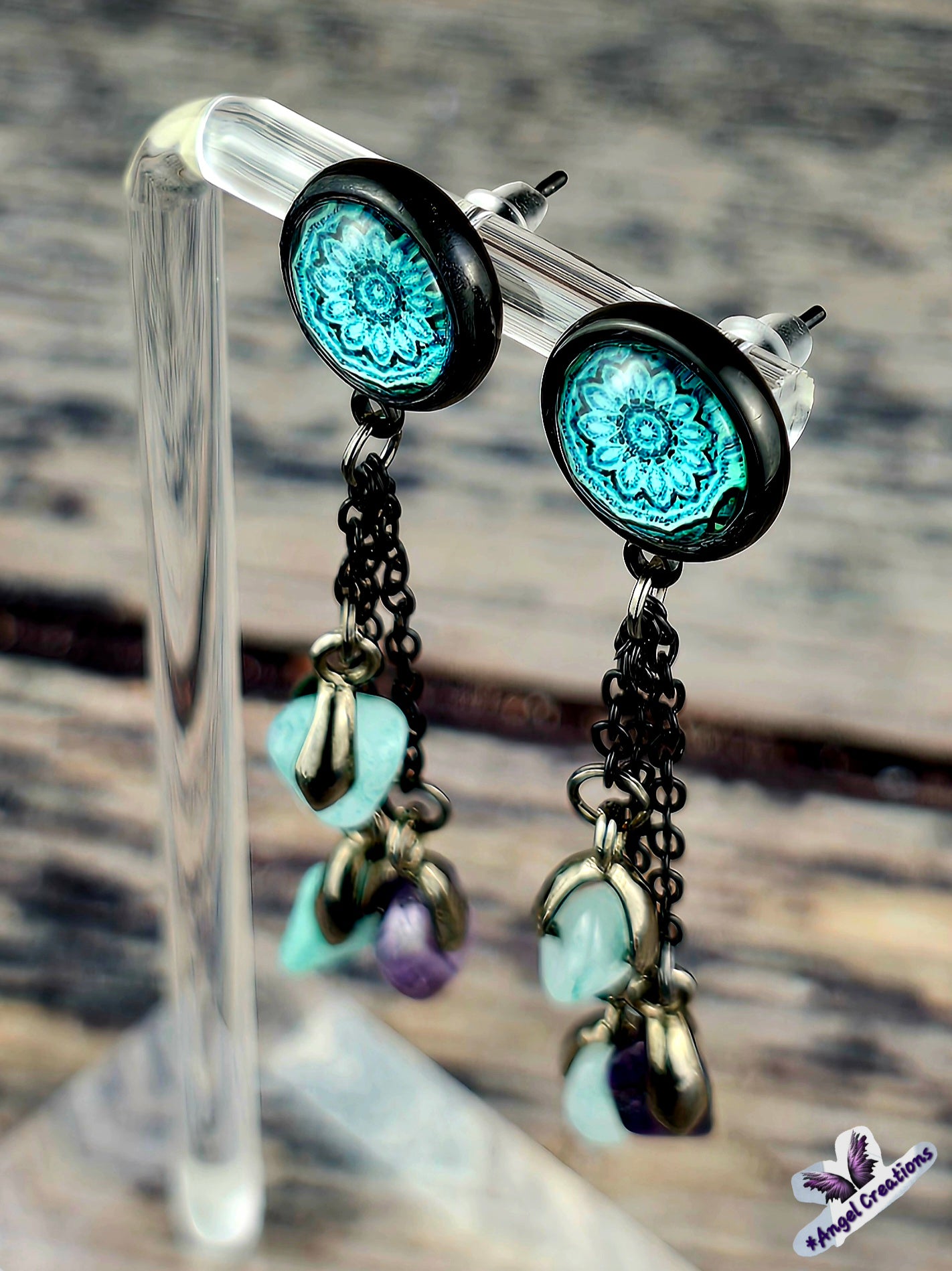 Teal Bezel Dome Post Stud Earrings with Chains