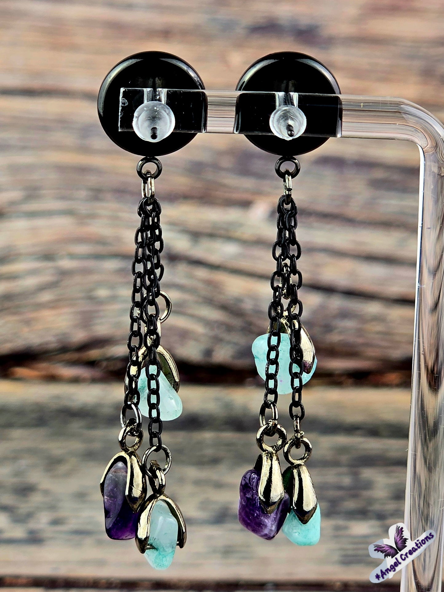 Teal Bezel Dome Post Stud Earrings with Chains