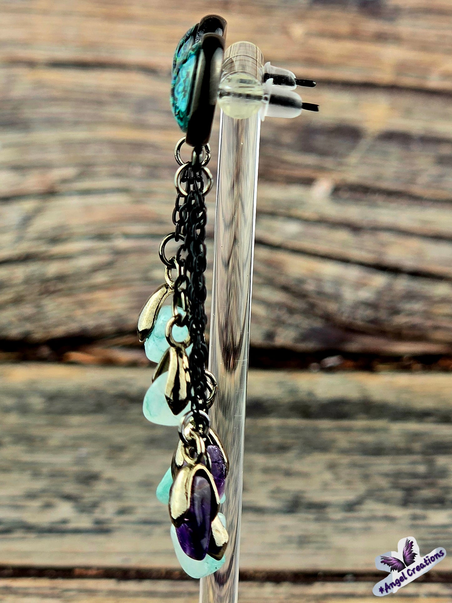 Teal Bezel Dome Post Stud Earrings with Chains