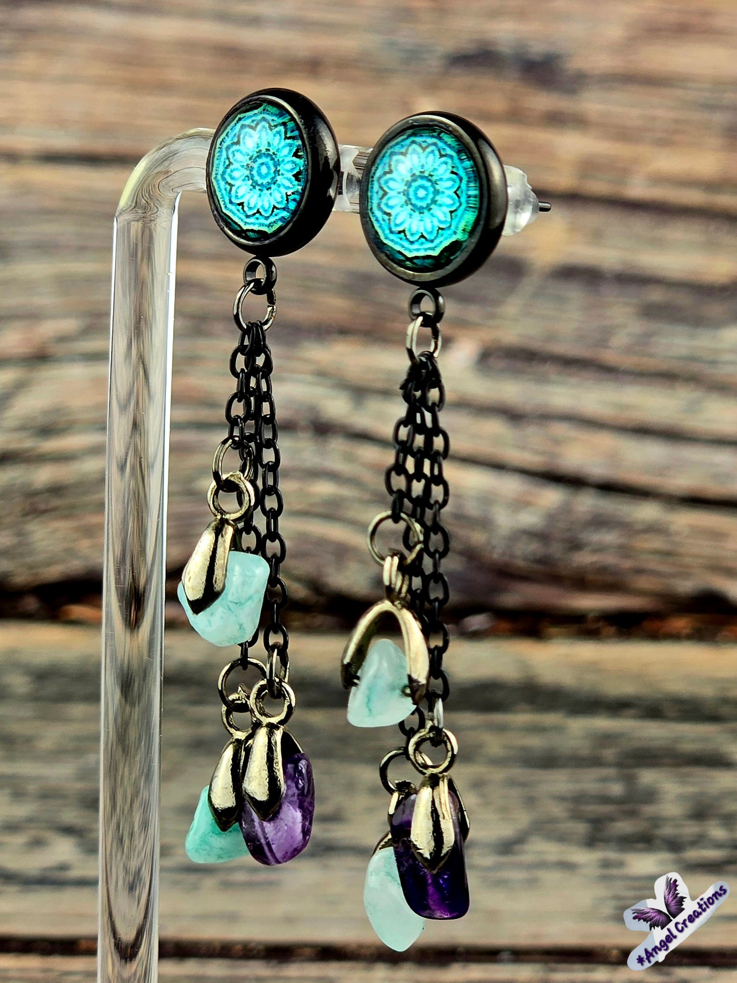 Teal Bezel Dome Post Stud Earrings with Chains