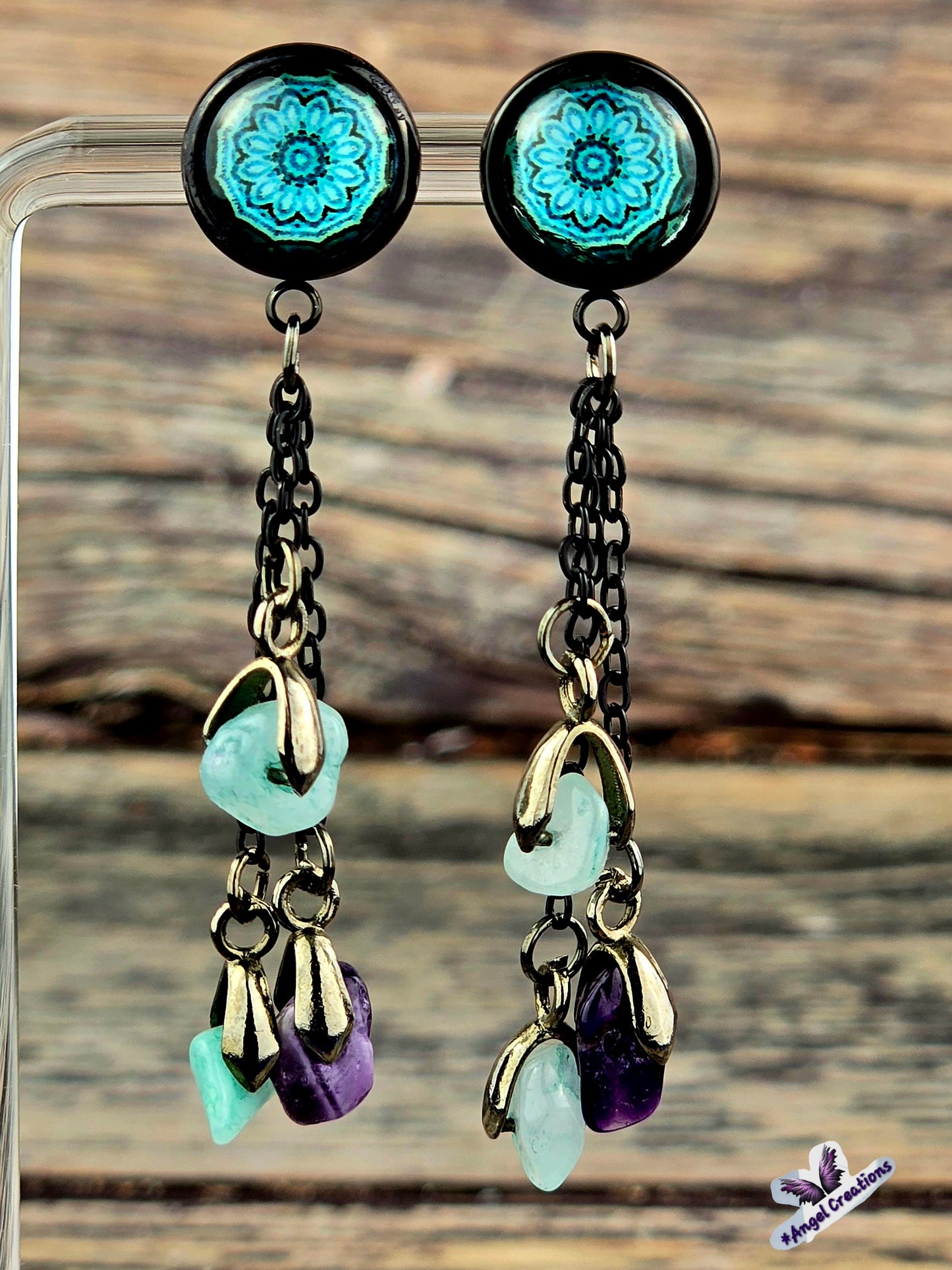 Teal Bezel Dome Post Stud Earrings with Chains