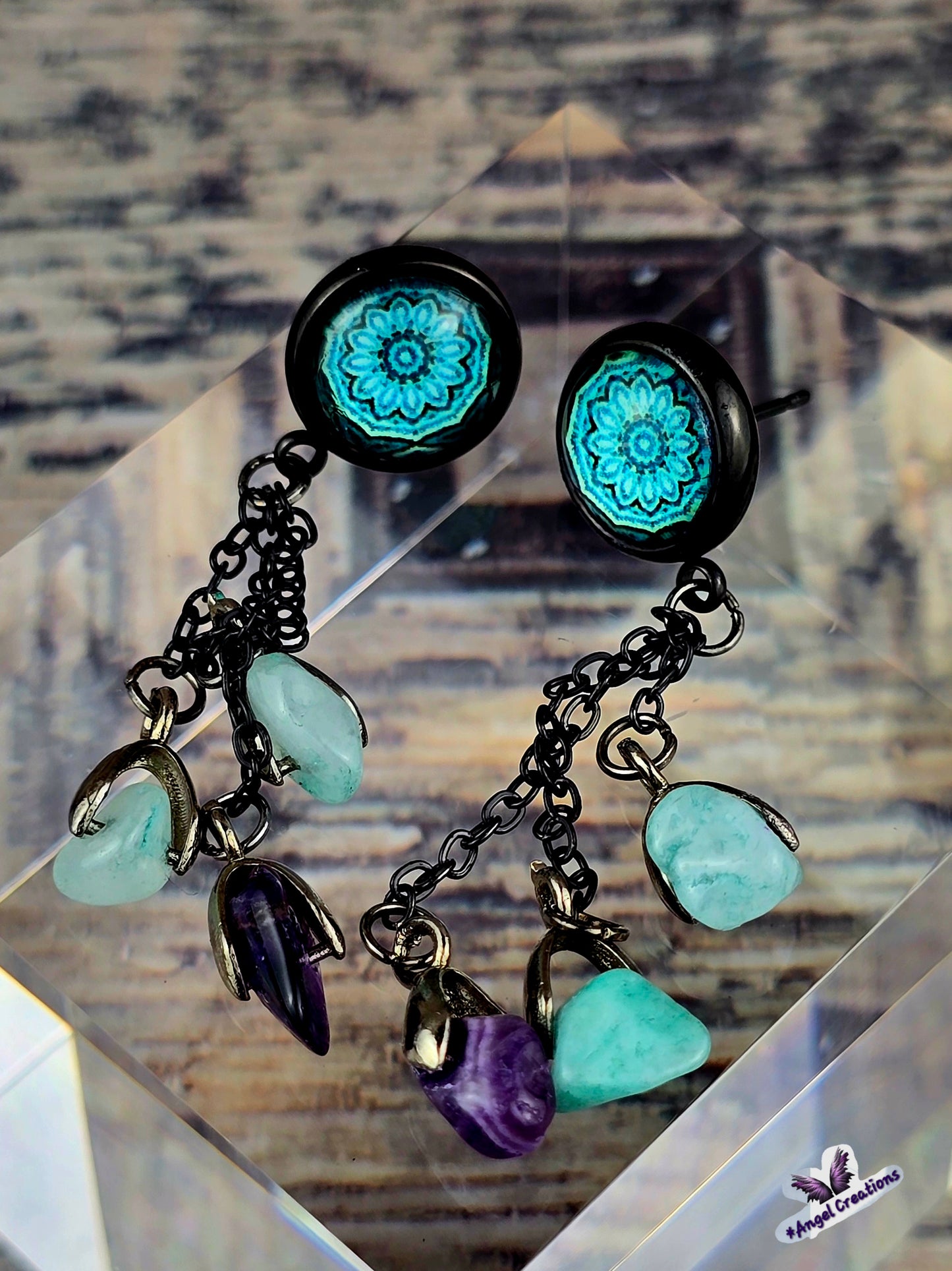 Teal Bezel Dome Post Stud Earrings with Chains