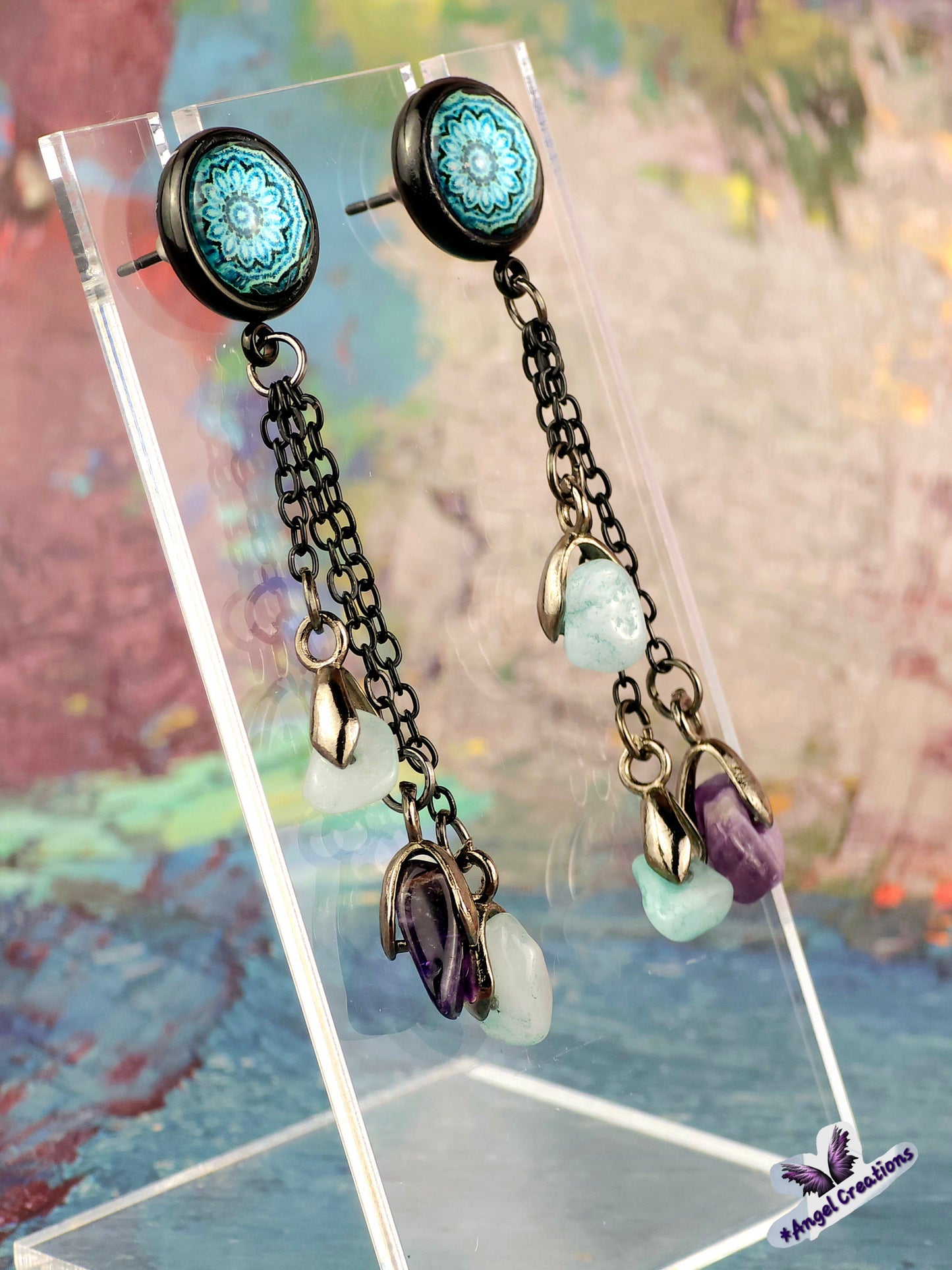 Teal Bezel Dome Post Stud Earrings with Chains