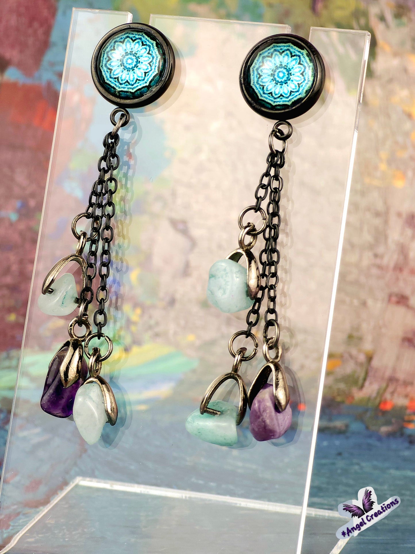 Teal Bezel Dome Post Stud Earrings with Chains