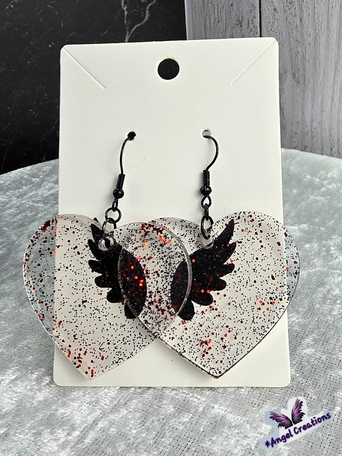 Black & Red Glittery Heart Earrings