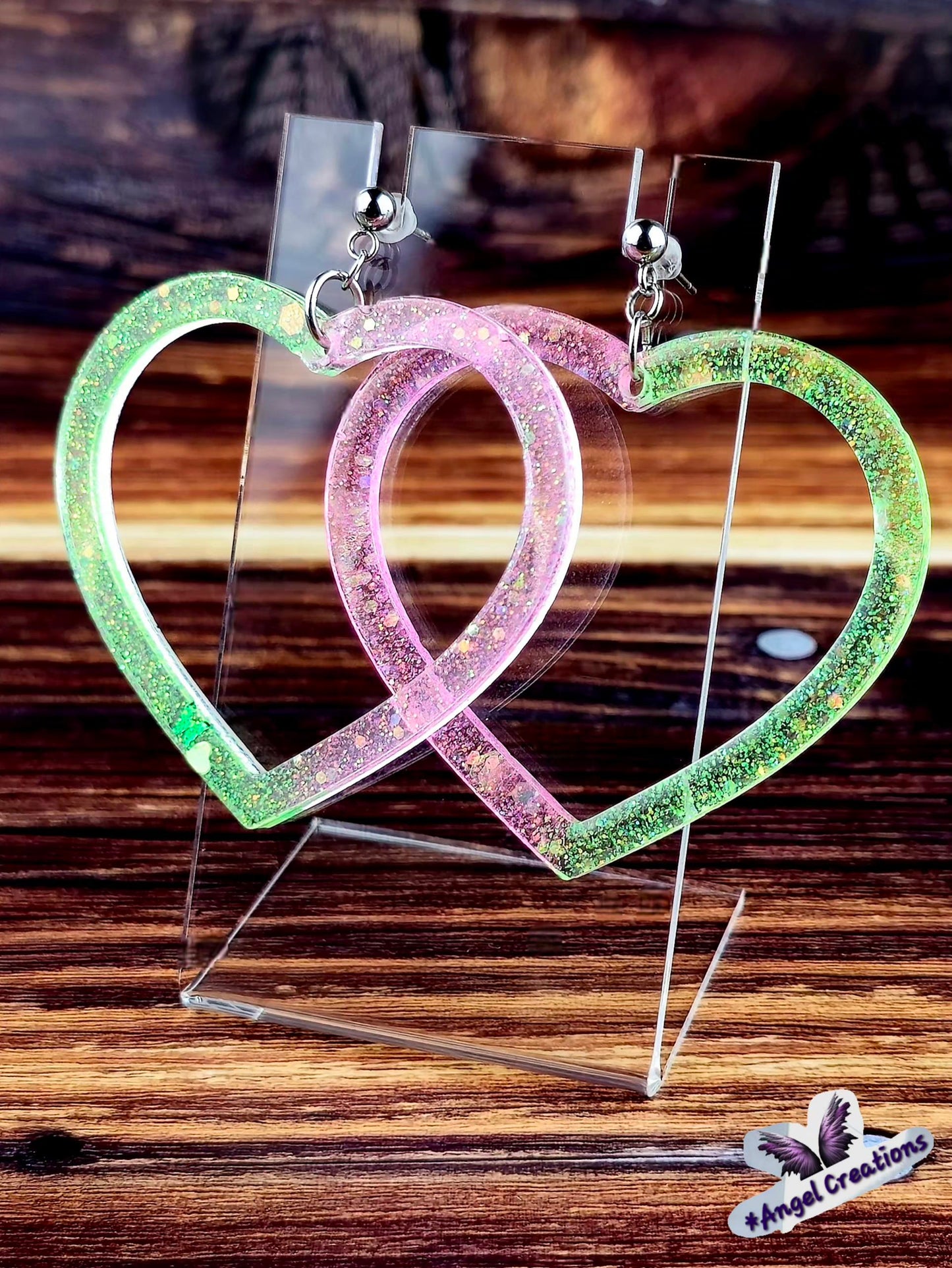Green & Pink Heart Shaped Hoop Earrings