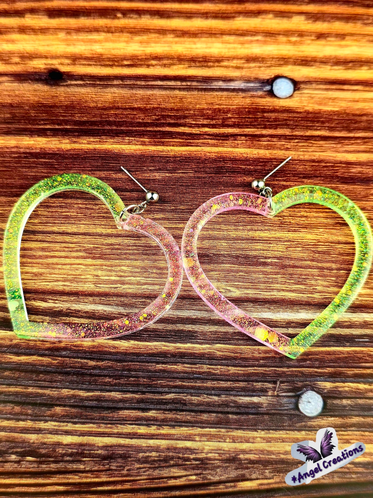 Green & Pink Heart Shaped Hoop Earrings