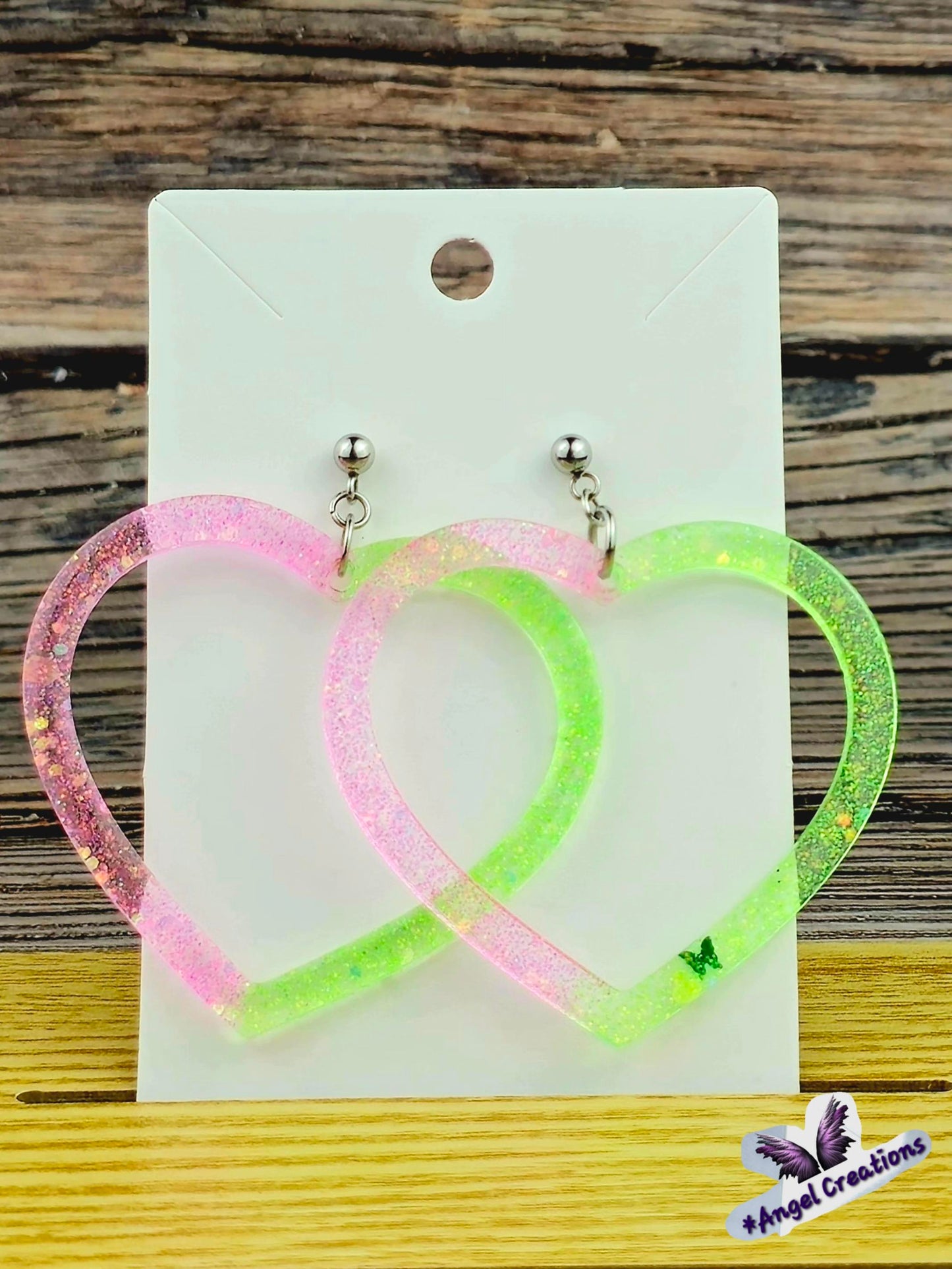 Green & Pink Heart Shaped Hoop Earrings