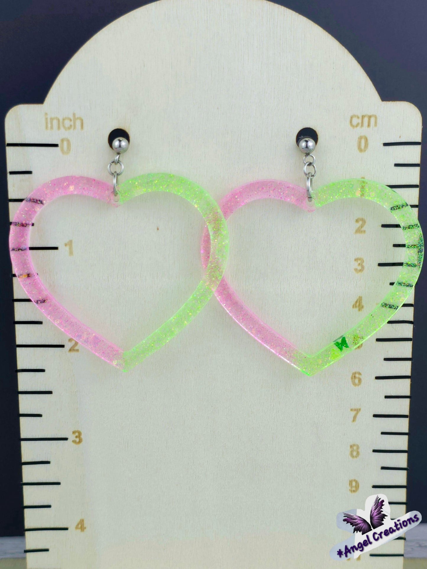 Green & Pink Heart Shaped Hoop Earrings
