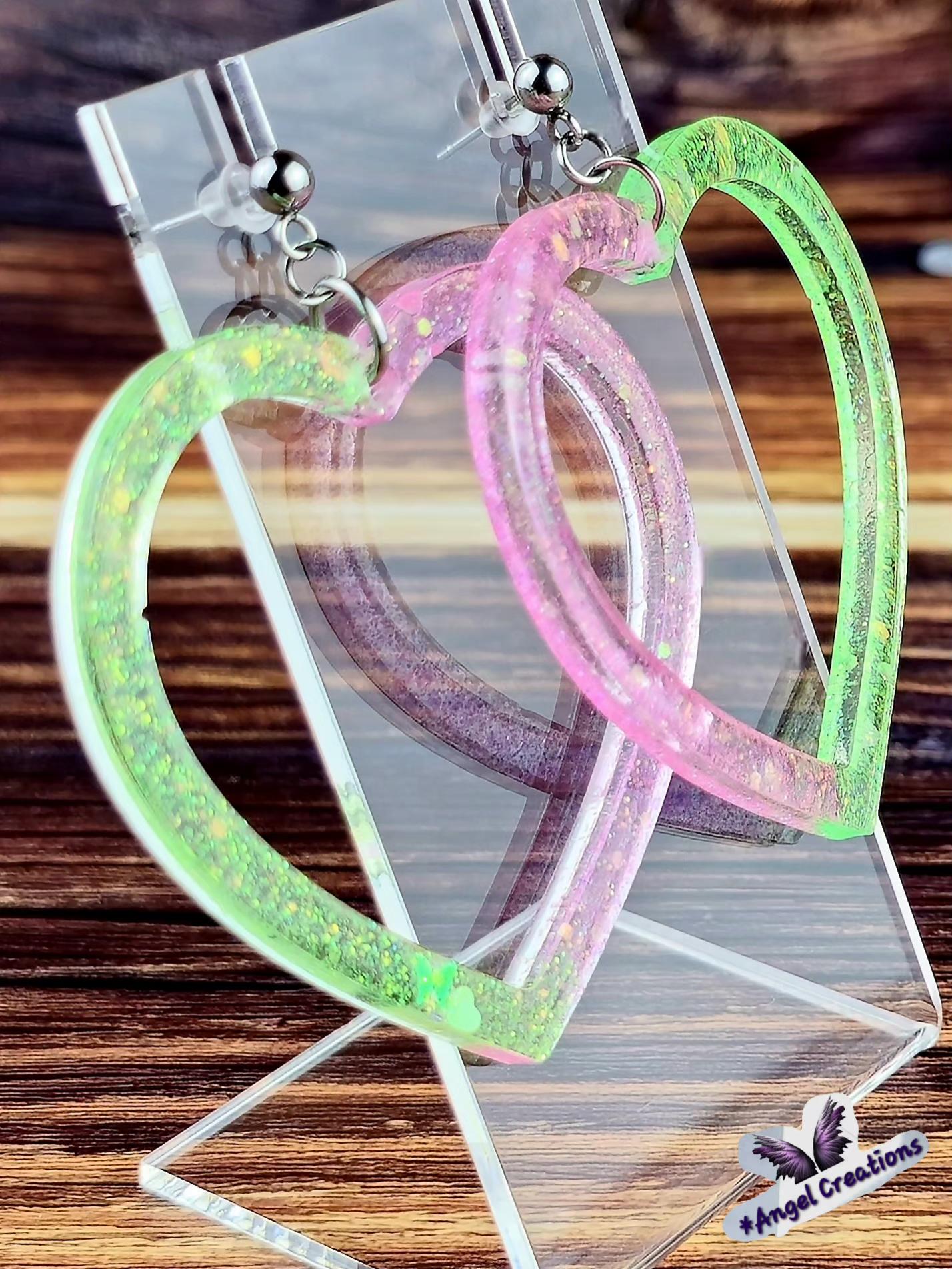 Green & Pink Heart Shaped Hoop Earrings