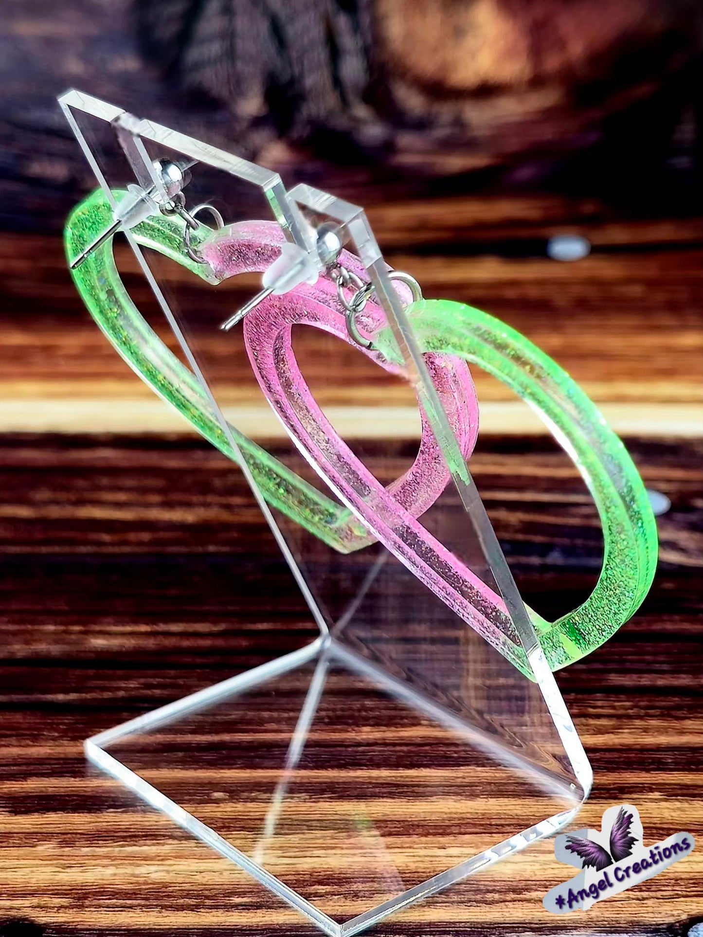 Green & Pink Heart Shaped Hoop Earrings