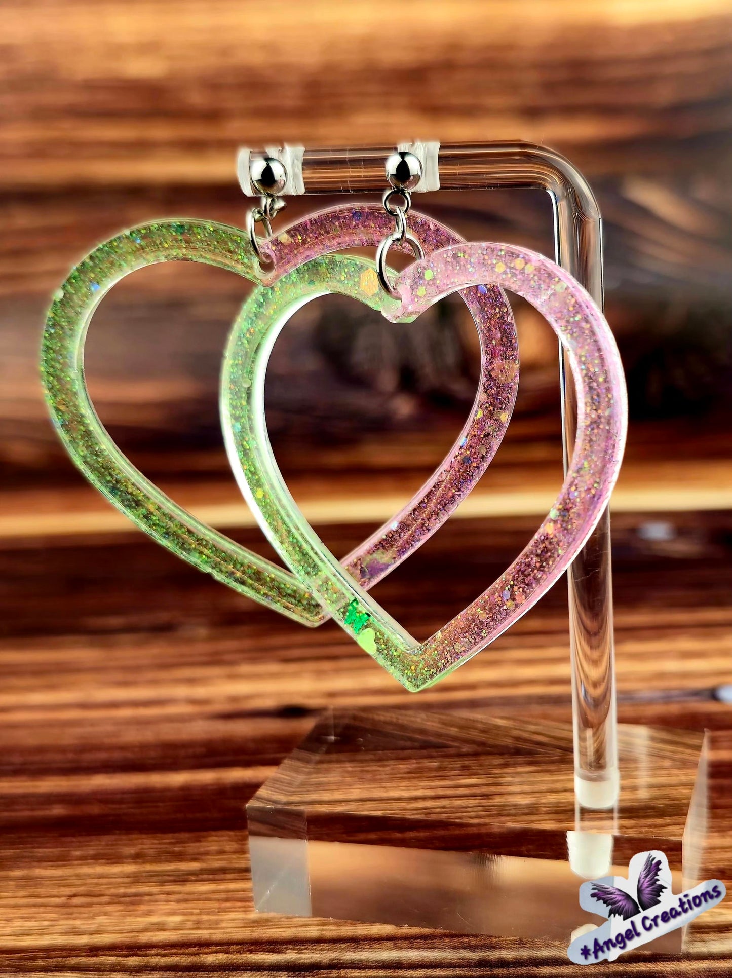 Green & Pink Heart Shaped Hoop Earrings