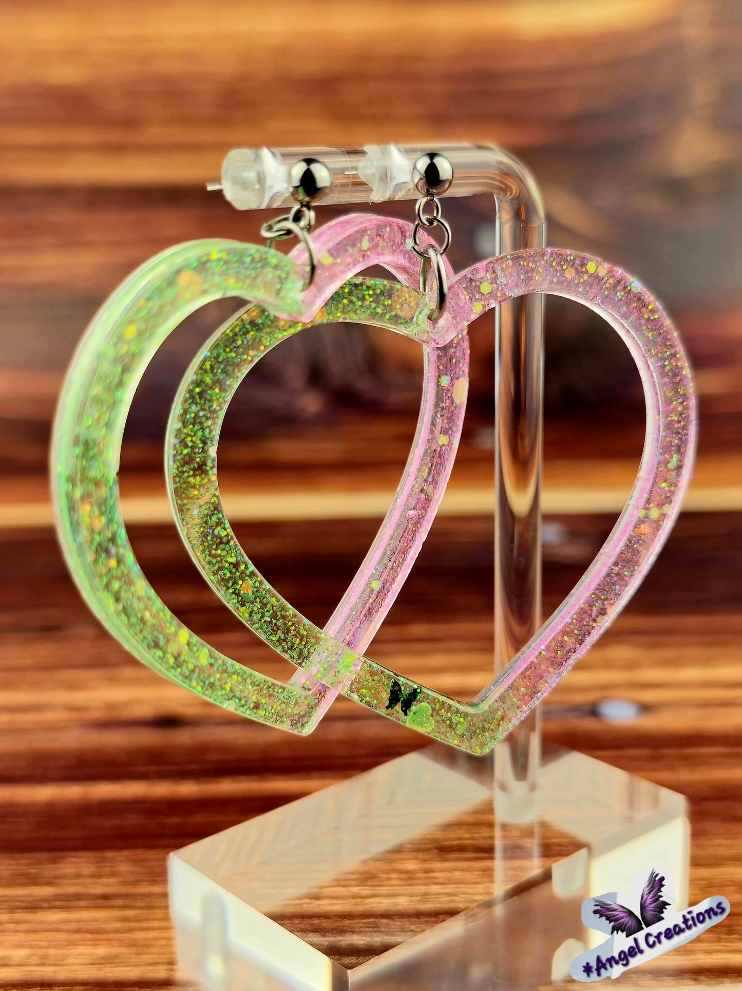 Green & Pink Heart Shaped Hoop Earrings