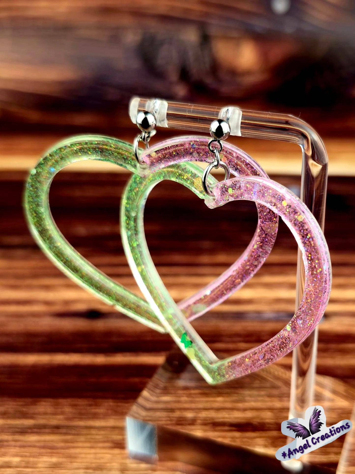 Green & Pink Heart Shaped Hoop Earrings