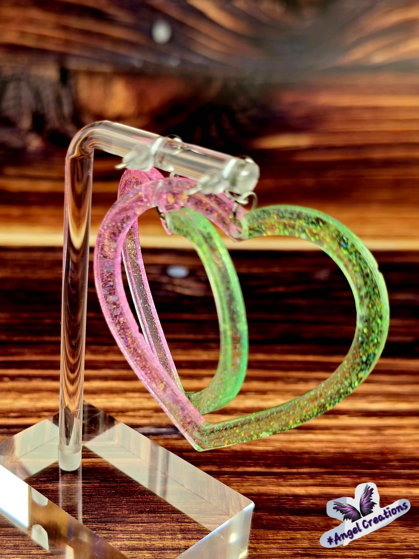 Green & Pink Heart Shaped Hoop Earrings