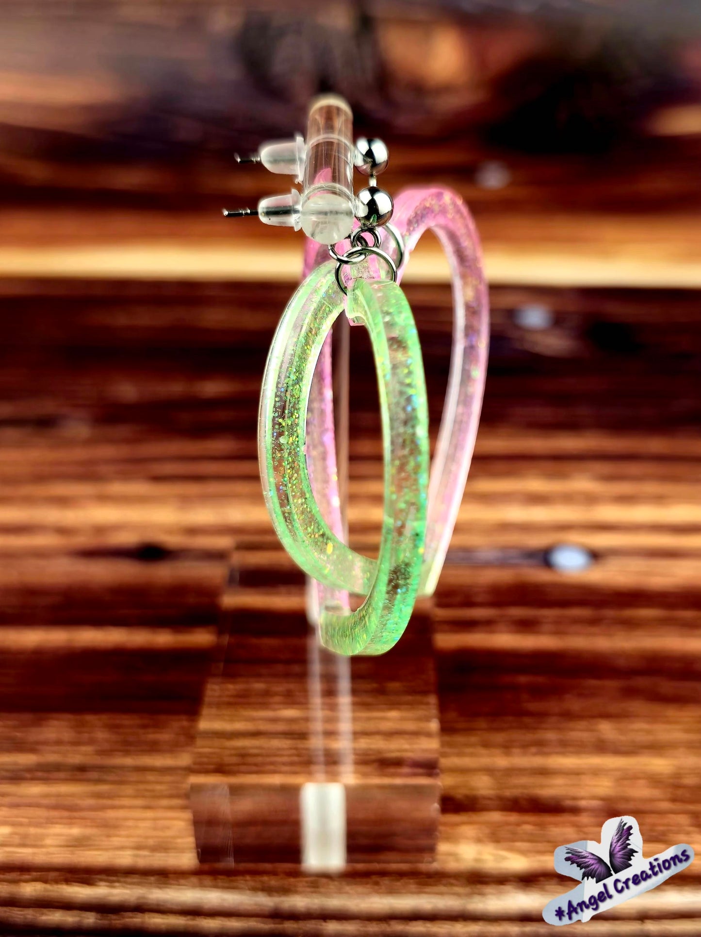 Green & Pink Heart Shaped Hoop Earrings