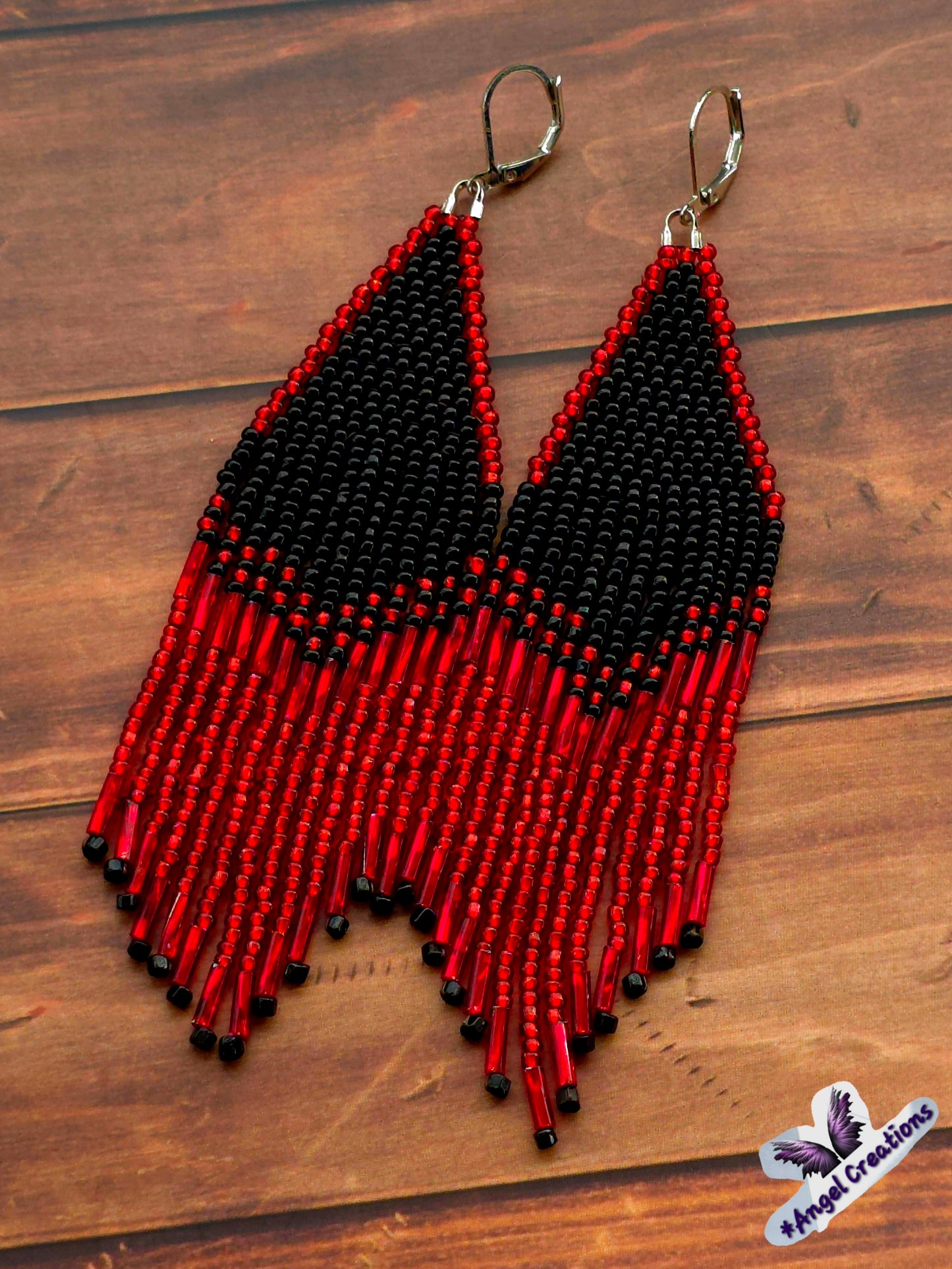 Sleek Black & Red Fringe Dangly Earrings