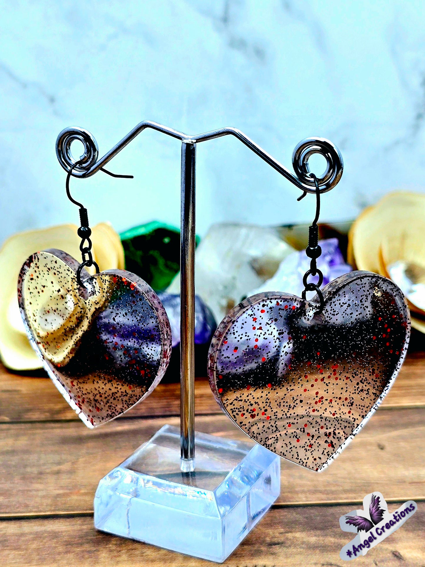 Black & Red Glittery Heart Earrings