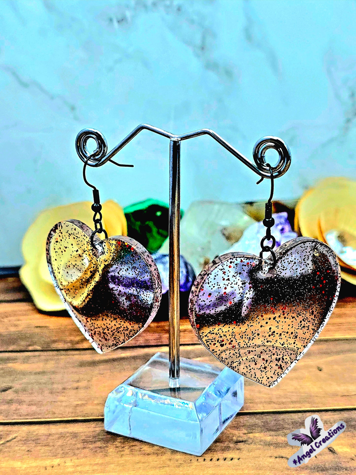 Black & Red Glittery Heart Earrings