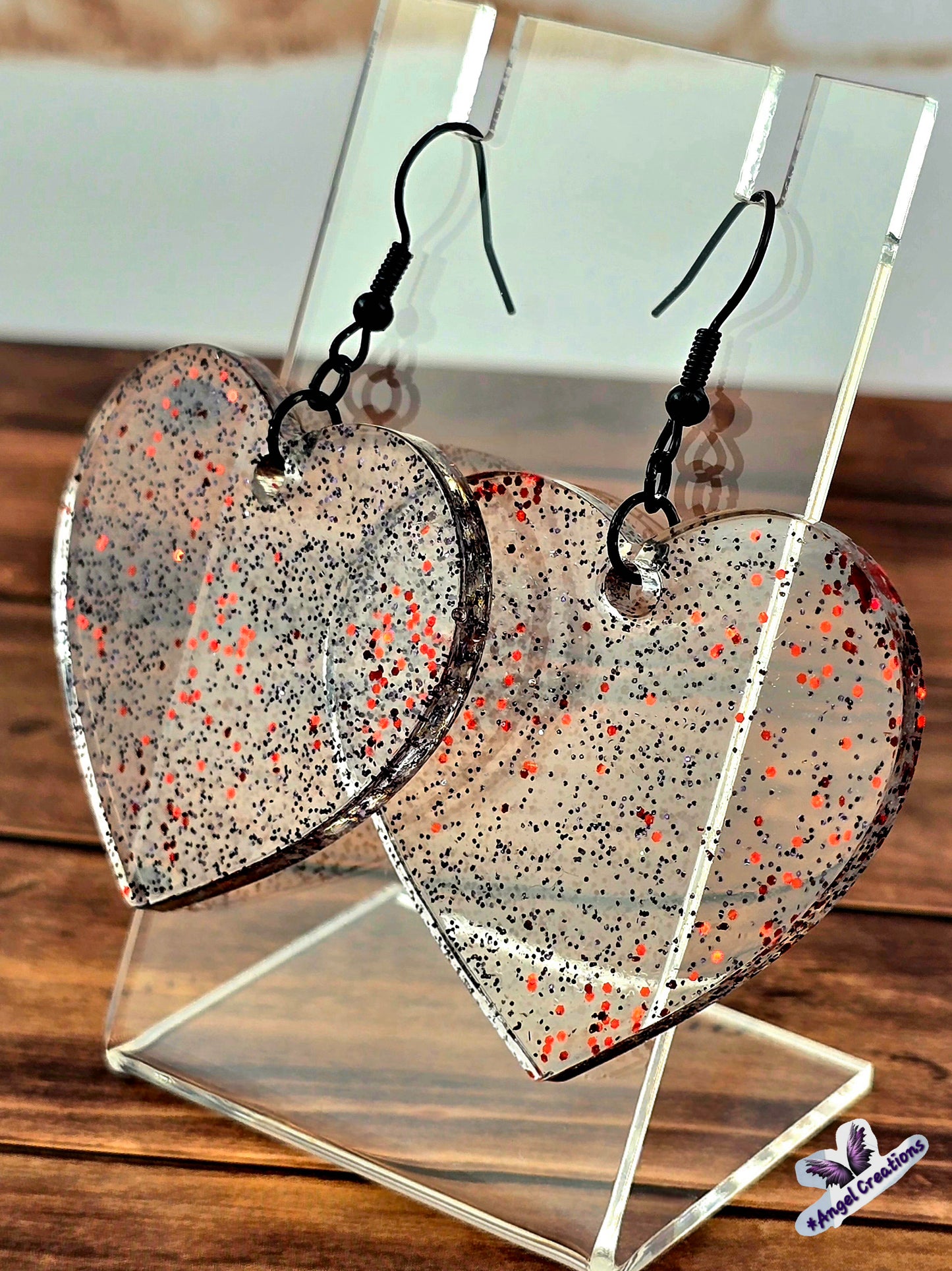Black & Red Glittery Heart Earrings