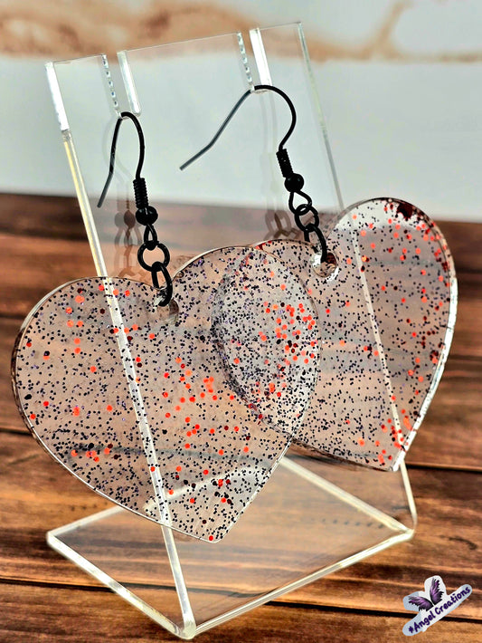 Black & Red Glittery Heart Earrings