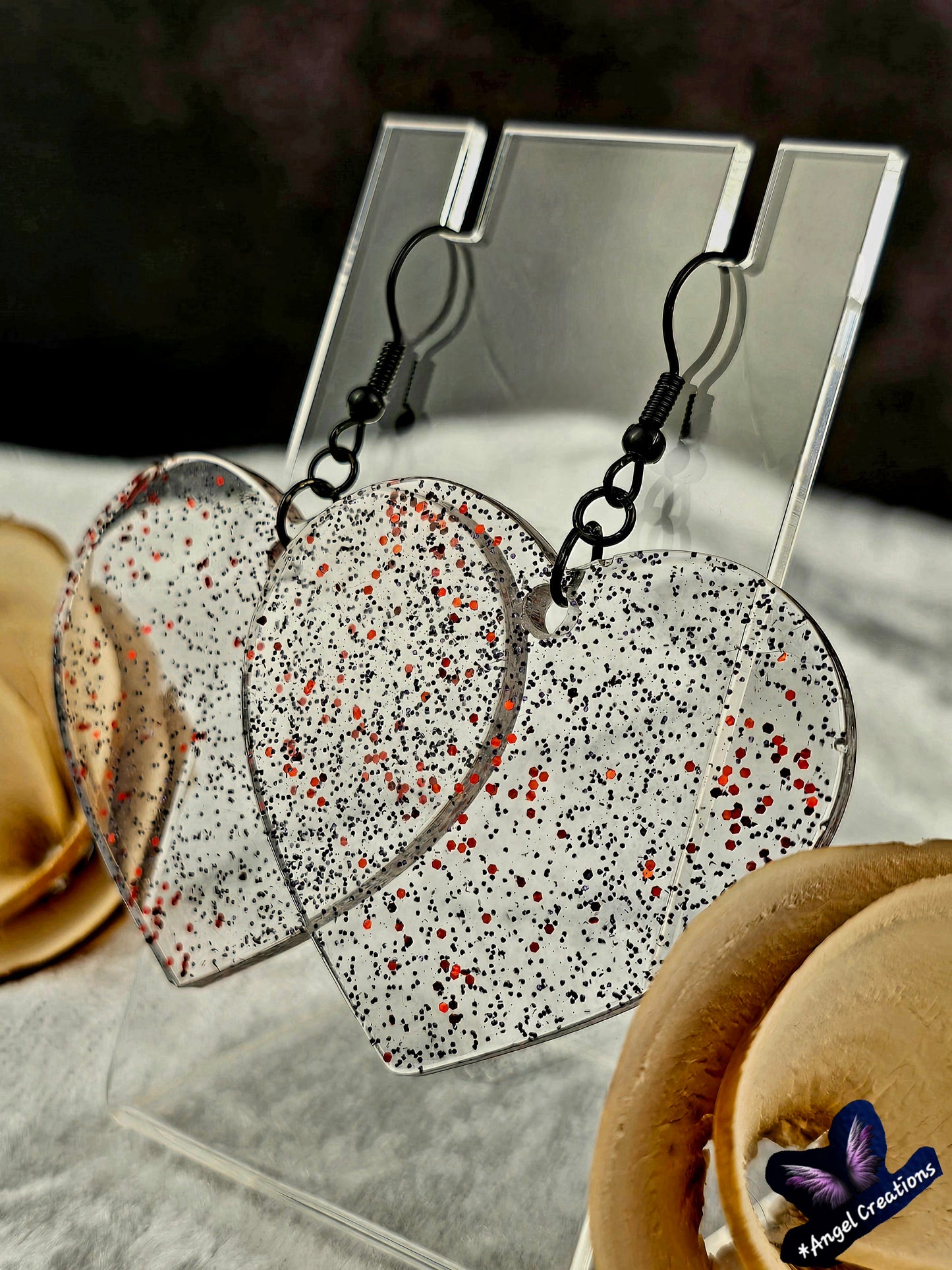 Black & Red Glittery Heart Earrings