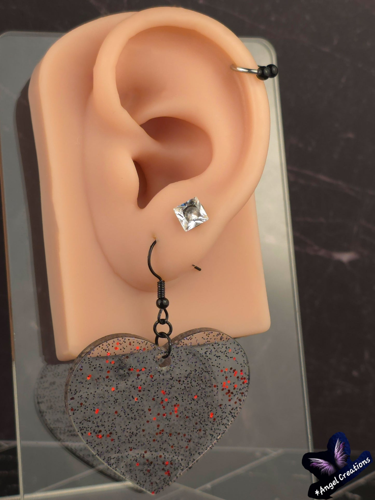 Black & Red Glittery Heart Earrings
