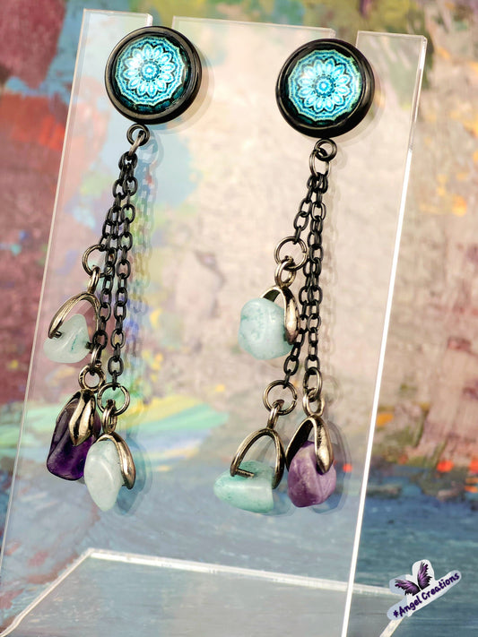 Teal Bezel Dome Post Stud Earrings with Chains