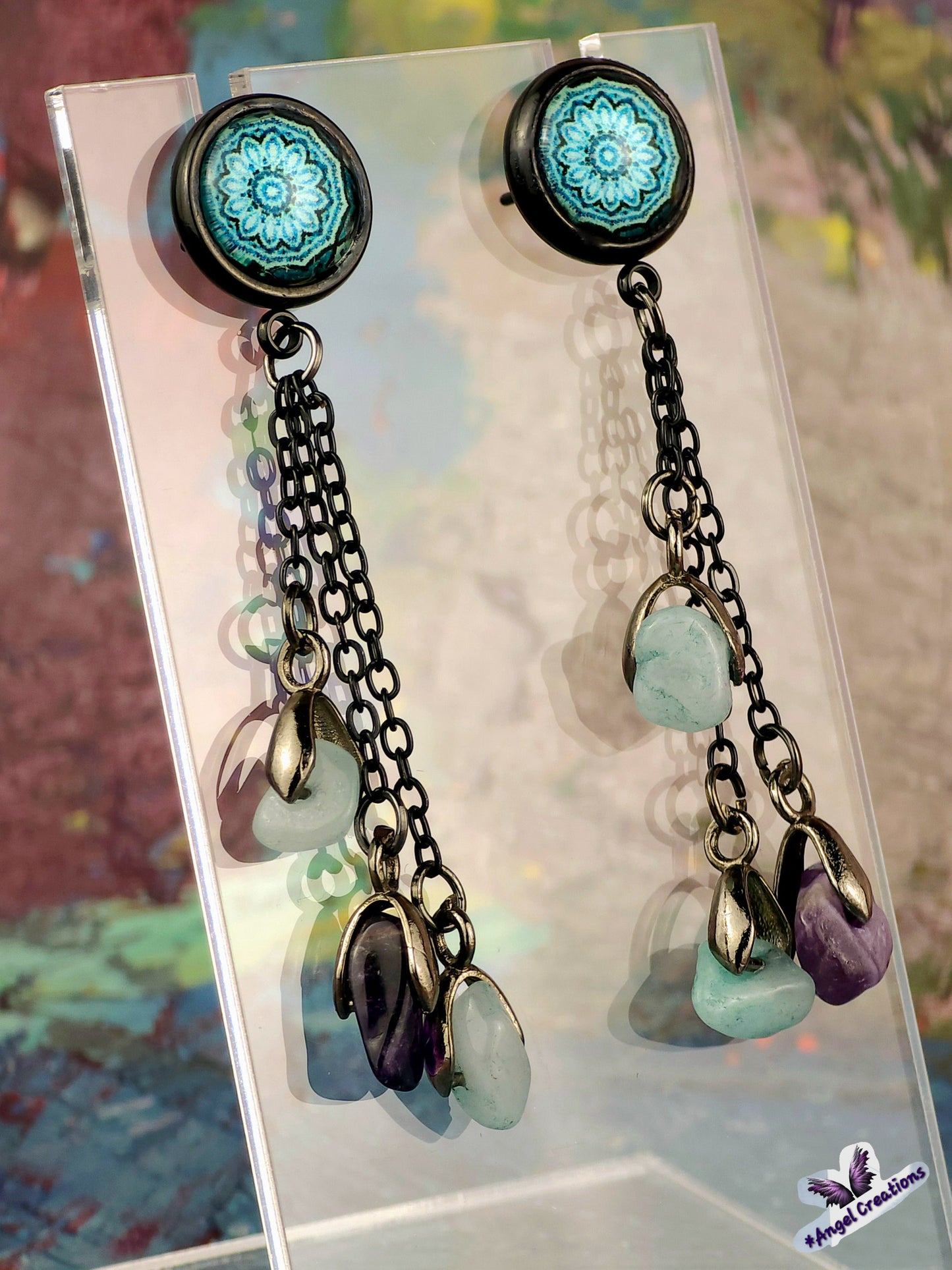 Teal Bezel Dome Post Stud Earrings with Chains